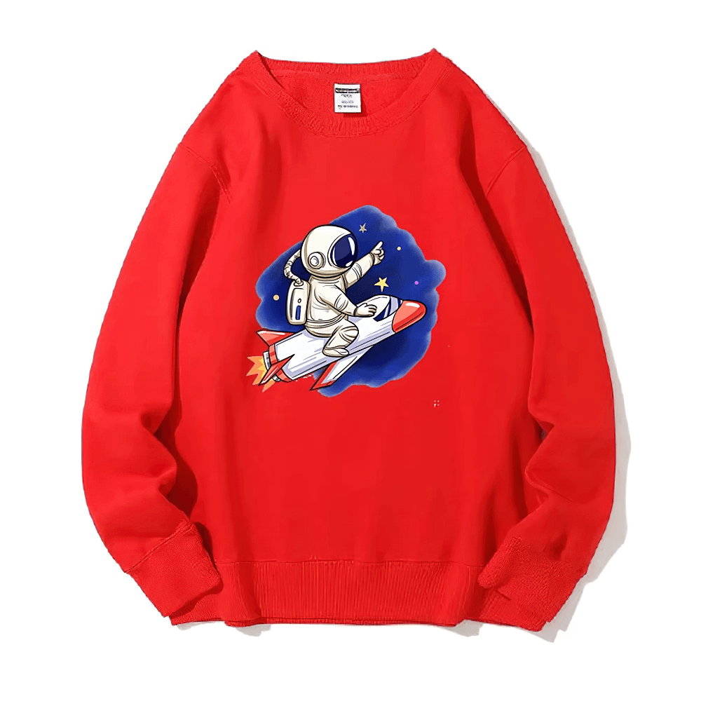 Red astronaut rocket ride graphic sweatshirt for kids, featuring a playful space-themed design with stars, perfect for casual wear.